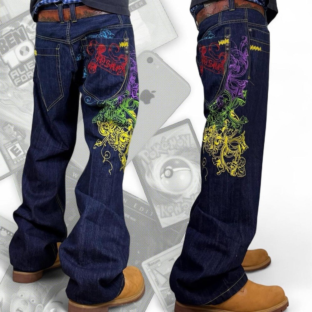 Vintage Miskeen Y2K Cyber Sigilism Baggy Wide Leg Embroidered Jeans Mens 38 Blue